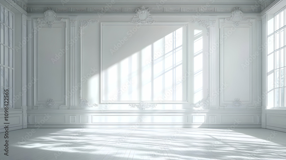 Fototapeta premium Sunlit White Room with Ornate Molding