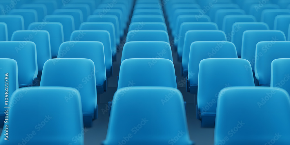 Fototapeta premium Row of Bright Blue Stadium Chairs – Vibrant, Comfortable Seating for Spectators in a Sports Arena