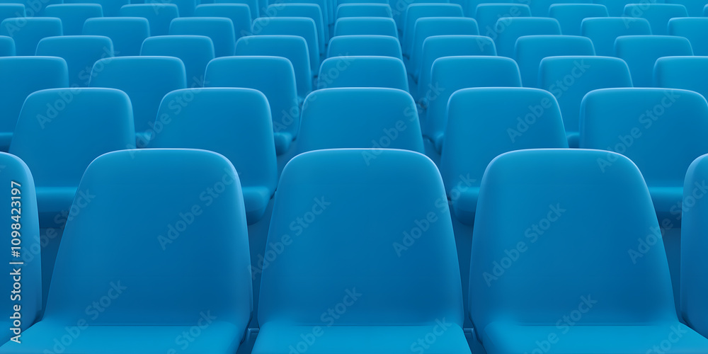 Fototapeta premium Row of Bright Blue Stadium Chairs – Vibrant, Comfortable Seating for Spectators in a Sports Arena