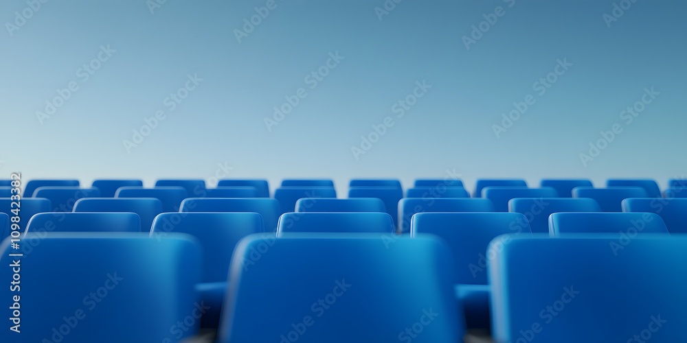 Fototapeta premium Row of Bright Blue Stadium Chairs – Vibrant, Comfortable Seating for Spectators in a Sports Arena