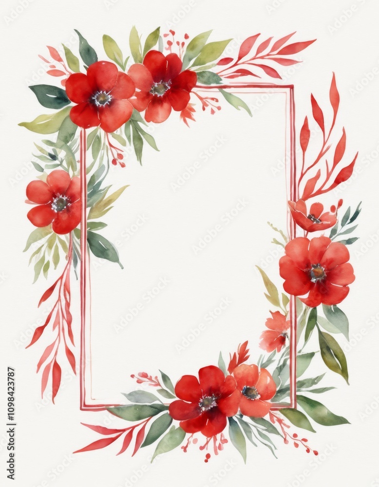 Fototapeta premium Elegant watercolor illustration of a floral square frame featuring vibrant red flowers and lush green leaves on white background perfect for invitations or decor