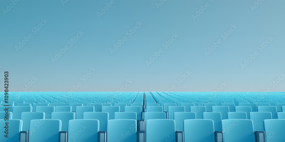 Fototapeta premium Row of Bright Blue Stadium Chairs – Vibrant, Comfortable Seating for Spectators in a Sports Arena