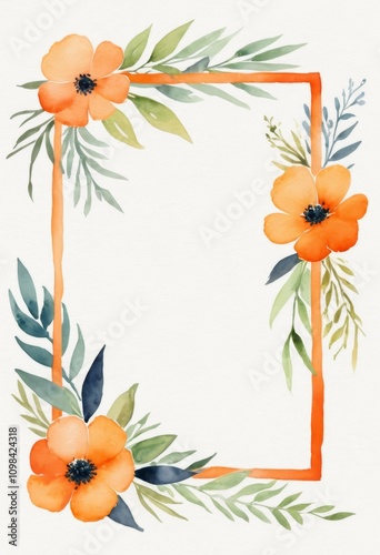 Beautiful watercolor illustration of orange flowers and green foliage within a decorative square frame on white background designed for brightening invitations or artwork