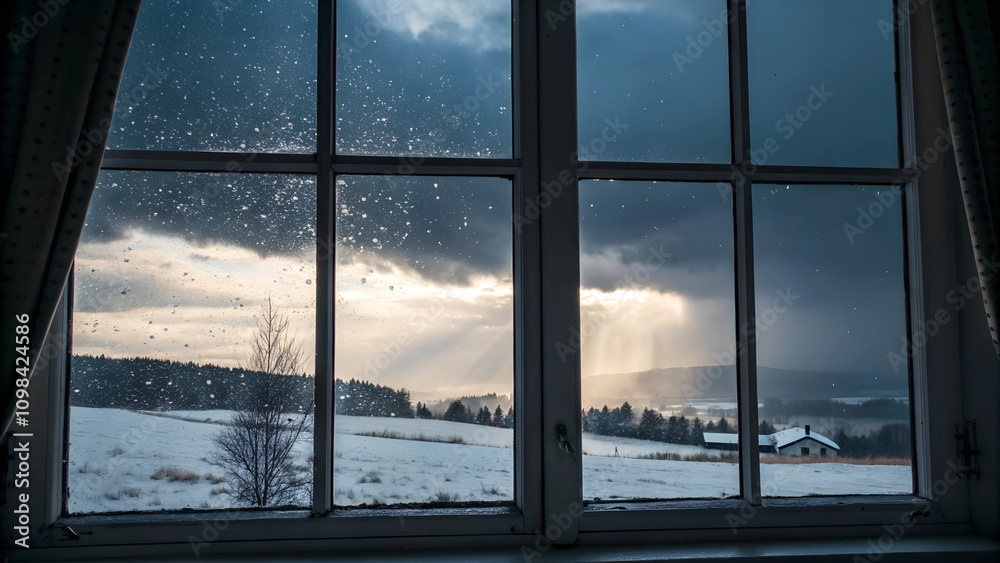 Fototapeta premium Beautiful winter landscape viewed through a window with raindrops and clouds in the sky