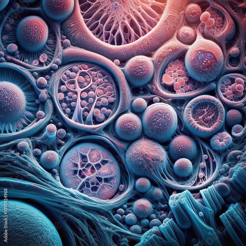 Intricate and colorful microscopic view of cellular structures, showcasing the complexity and beauty of biological forms photo