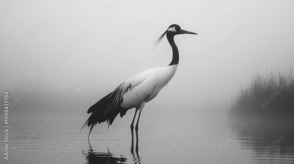 Naklejka premium A serene black-and-white image of a crane standing gracefully in misty waters, creating a tranquil, ethereal atmosphere.