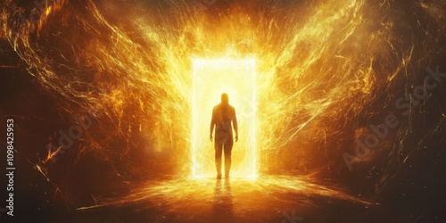 A mystical figure cloaked in glowing energy, standing at the entrance of a radiant portal photo