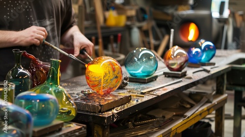 Skilled glassblower shaping molten glass with precision in a workshop
 photo