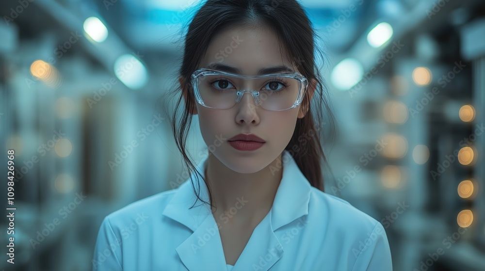 Obraz premium Person in white coat and safety glasses with dark hair. Laboratory expertise advertising