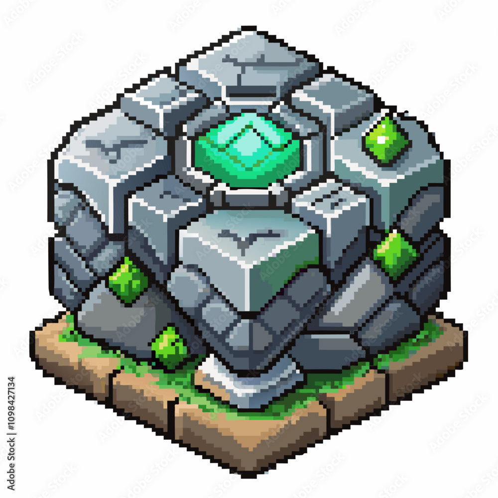 Fototapeta premium Pixel Art Stone Cube with Gemstone on Grass Platform Isometric Game Asset