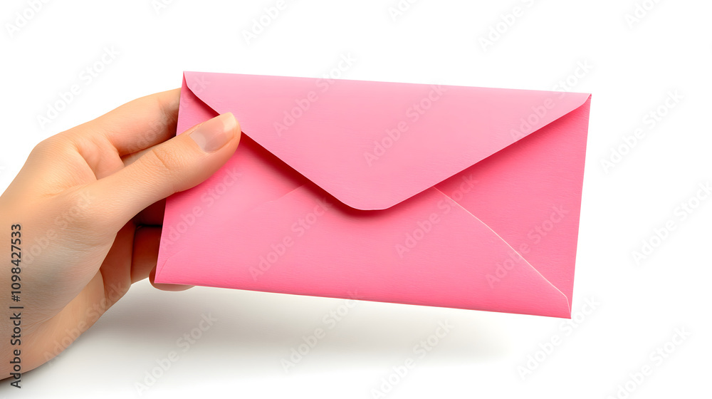Fototapeta premium glossy pink envelope held by hand, symbolizing communication and connection. This vibrant envelope adds cheerful touch to any correspondence