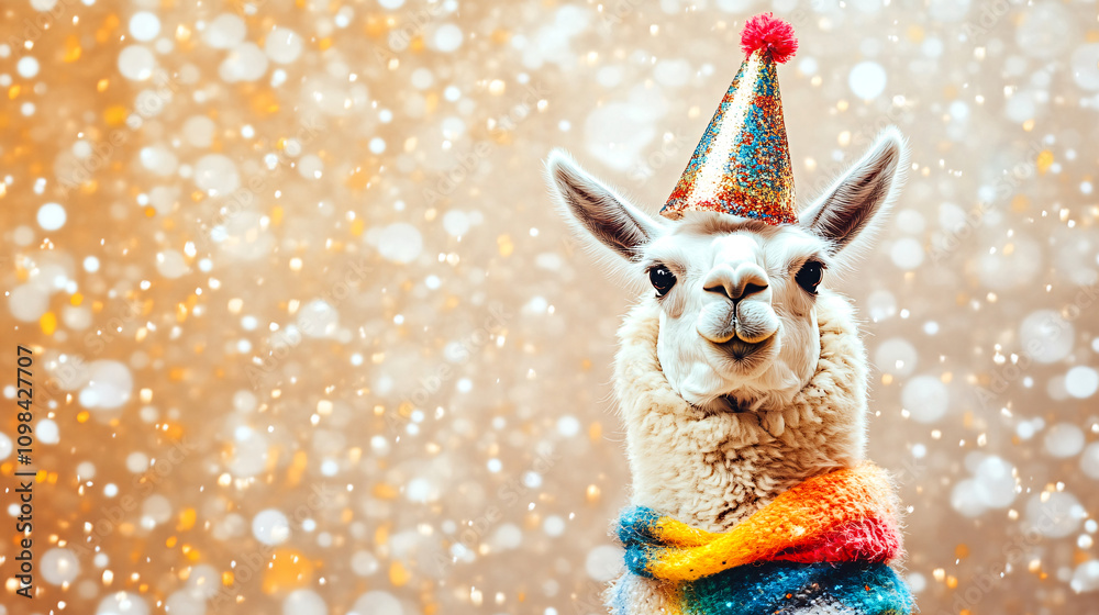 Fototapeta premium Lama with a New Year scarf and party hat stands in a bright background, generative AI.