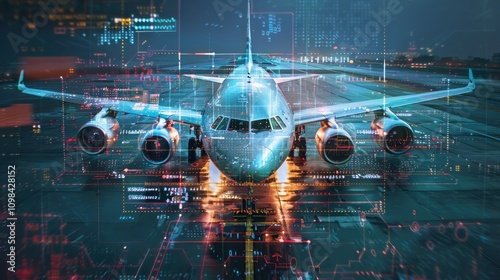 photograph of Commercial Jet with Digital Data Overlay. Aerial front view of a commercial jet at an airport with a complex digital data overlay. wide angle lens