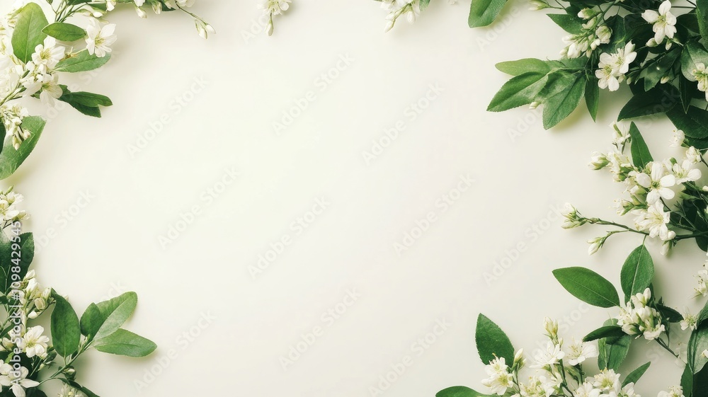 Fototapeta premium White floral frame with green leaves on light background