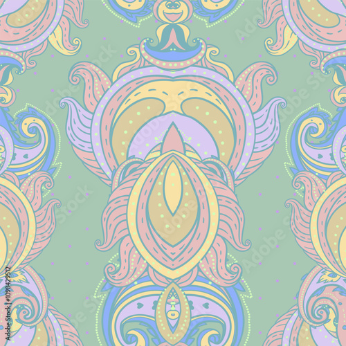 Floral paisley indian vector colorful ornate seamless pattern. Hand drawn des...