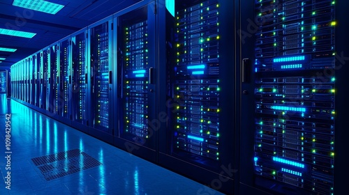 A dimly lit server room with rows of blue-lit servers, showcasing advanced technology and data storage capabilities.