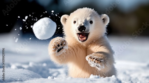 An adorable polar bear cub throws a snowball high in the air, capturing a fun-filled and spontaneous moment that encapsulates the joy of winter's playful embrace.