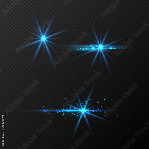 A set of blue glow effects, glare, explosion, stars, glitter, line, solar flare and sparks