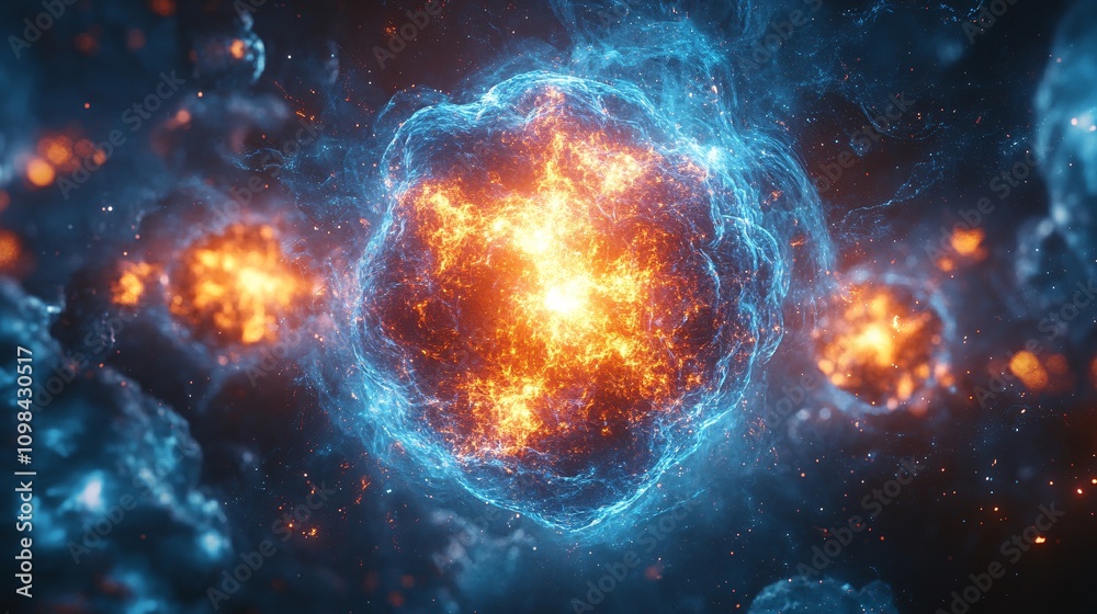 Fototapeta premium Fiery Nebula: Cosmic Collision of Blue and Orange Energy