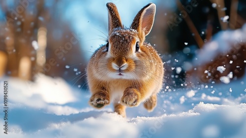 A lively rabbit dashingly runs through the snow, radiating energy and enthusiasm, perfectly capturing the playful essence of winter joy and nature’s spirit. photo