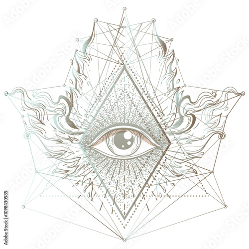 Sacred geometry symbol with all seeing eye over in acid colors. Mystic, alche...