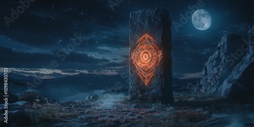 An ancient stone monolith glowing with radiant sigils under a moonlit sky photo