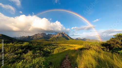 A vibrant rainbow arcs across a golden terrain with rugged mountain backdrop, illustrating the dynamic contrasts and beauty of differing landscapes in harmony. photo