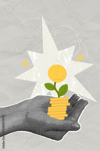 Fashionable halftones collage business concept. Concept of accumulation, profit growth,business, saving. Trendy modern retro illustration on financial theme. Vector illustration of business, finance