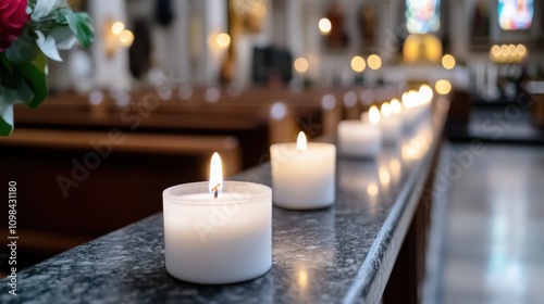 A serene row of lit white candles placed on a stone ledge inside a tranquil church setting, evoking a sense of peace and spiritual reflection and solemnity. photo