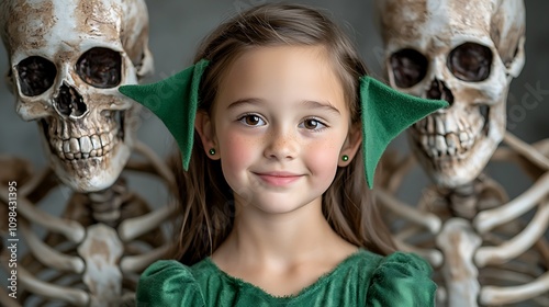 The young girl, dressed in a green elf costume complete with pointed ears and jingle bells, stands confidently between two eerie, life sized skeletons photo