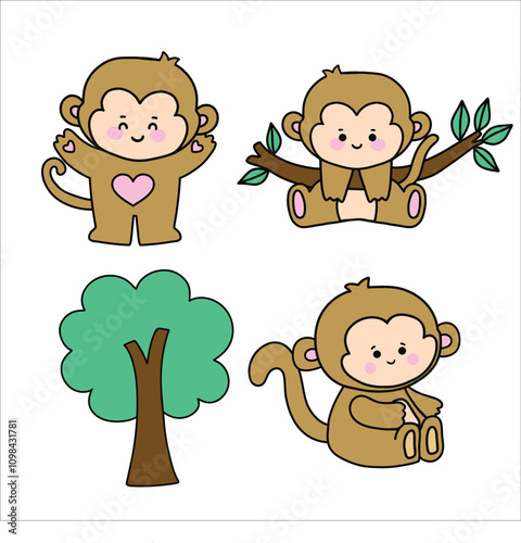 Set of Cute Cartoon Monkey Illustration