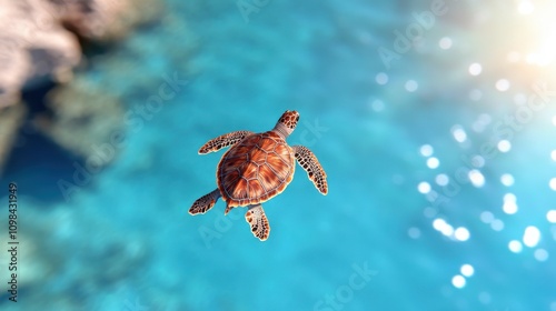 Viewed from above, a lone sea turtle glides through the vivid blue ocean, its distinctively patterned shell contrasting against the serene, sunlit waters below. photo