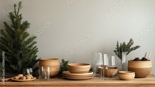 Wallpaper Mural Wooden bowls, plates, and glasses arranged with evergreen branches on wooden table for rustic decor setup Torontodigital.ca