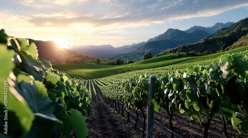 A picturesque landscape of a vineyard nestled among rolling hills, with majestic mountains in the distance and a stunning sunset illuminating the entire scene. photo