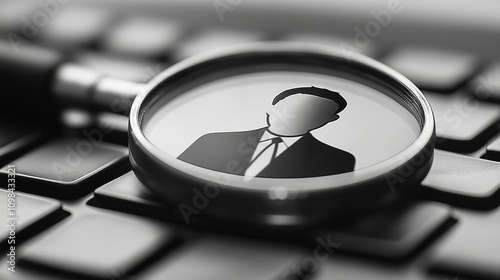Magnifying glass over candidate silhouette on keyboard symbolizing recruitment and talent search