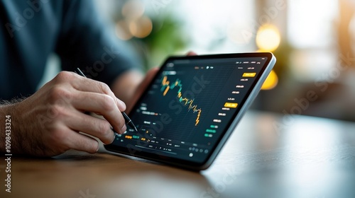 Hand using a tablet for financial market analysis and trading data visualization. photo