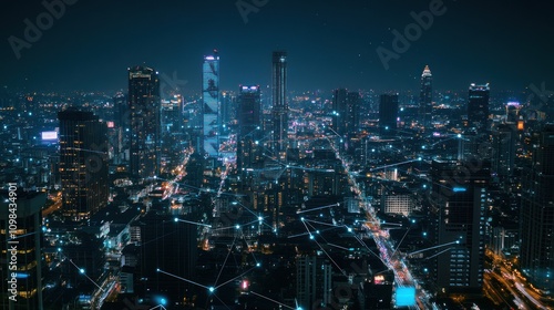 Wallpaper Mural Night Cityscape with Connected Lines Torontodigital.ca