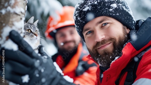 Two men in winter attire assist a curious cat in a snowy forest, highlighting an amicable rescue operation, teamwork, and animal-human connection in harsh conditions. photo