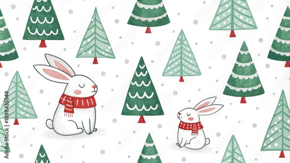 Obraz premium Winter Wonderland Rabbits and Trees A Festive Illustration