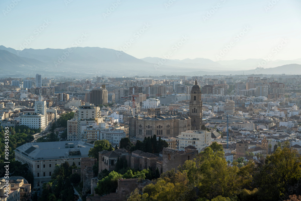 Fototapeta premium Málaga, Spain - August 18, 2024: Málga, panoramic view of the city with the Holy Cathedral Basilica of the Incarnation