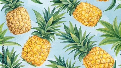 Watercolor Pineapple Seamless Pattern Tropical Fruit on Blue Background