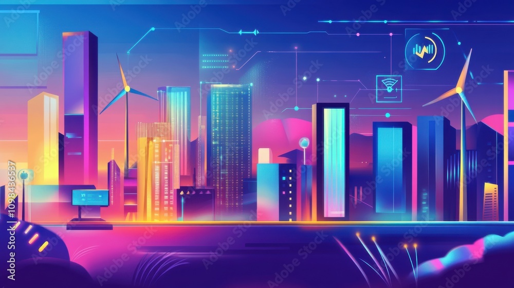 Fototapeta premium A conceptual illustration of a digital dashboard monitoring energy usage in a smart city, showcasing real-time sustainability management, Simplified flat paper art illustration of