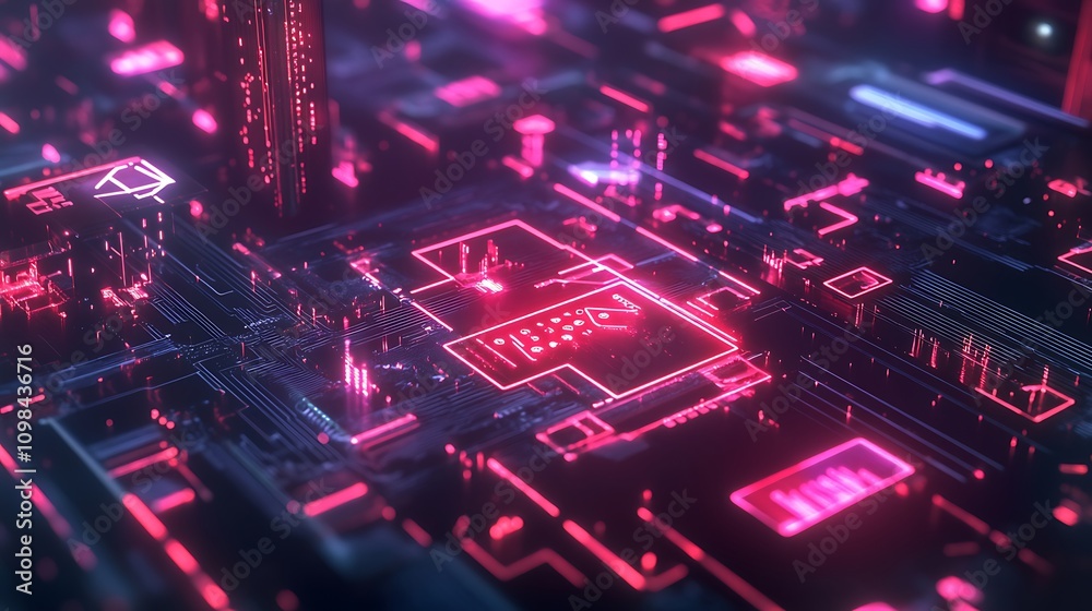 Fototapeta premium A futuristic digital circuit board illuminated with vibrant pink and purple lights.