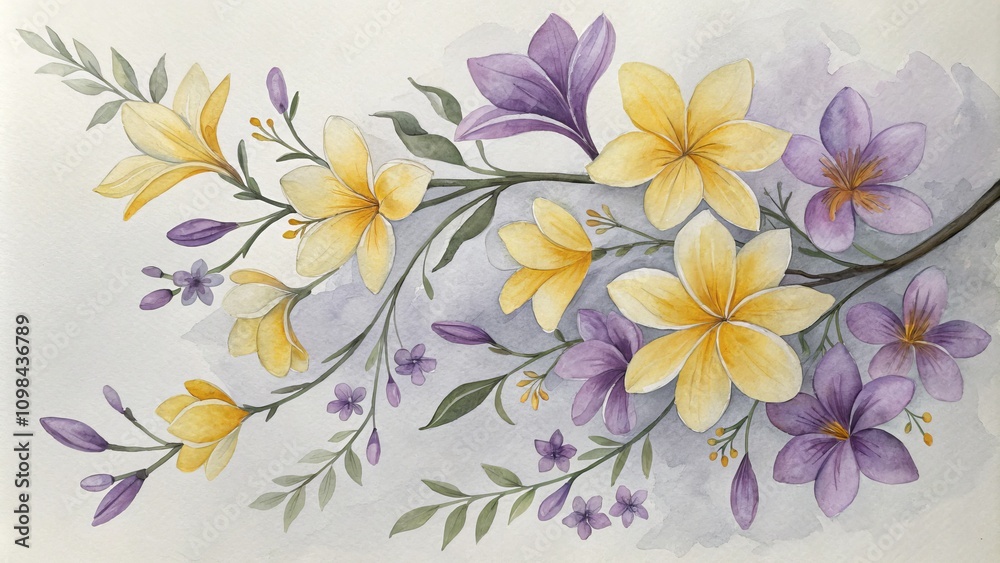 Obraz premium Watercolor Floral Composition Yellow and Purple Blooms on Grey Wash