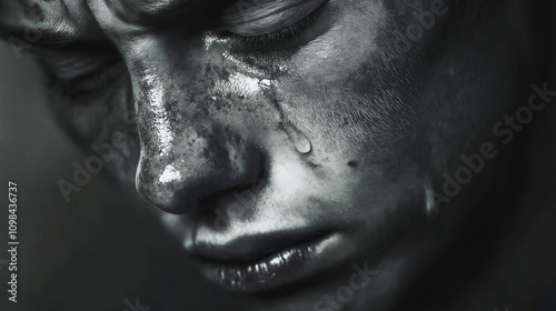 Tears stream down a dirty face, expressing deep sadness and emotional pain, capturing raw despair and suffering, reflecting loneliness and heartbreak in a dramatic monochrome portrait