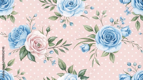 Watercolor Floral Seamless Pattern Blue and Pink Roses on Polka Dots