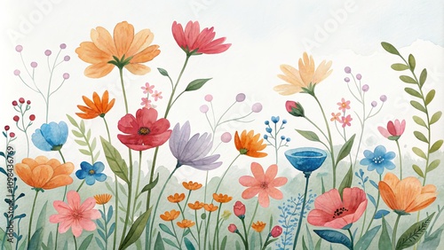 Watercolor Floral Meadow Stylized Blooms in Vibrant Hues
