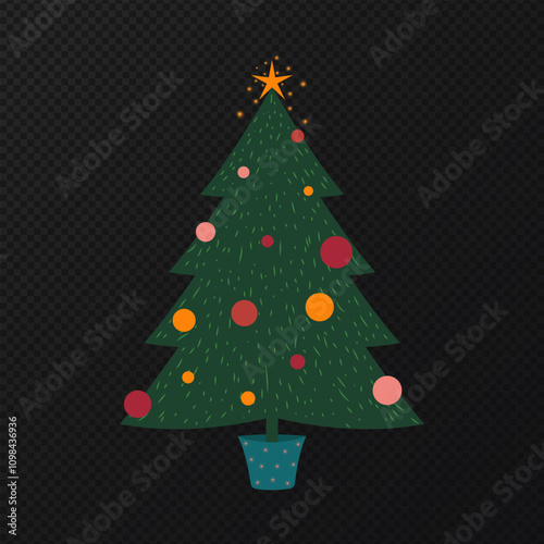 A Christmas tree on a transparent background. A fir tree with balloons and a gold star at the top