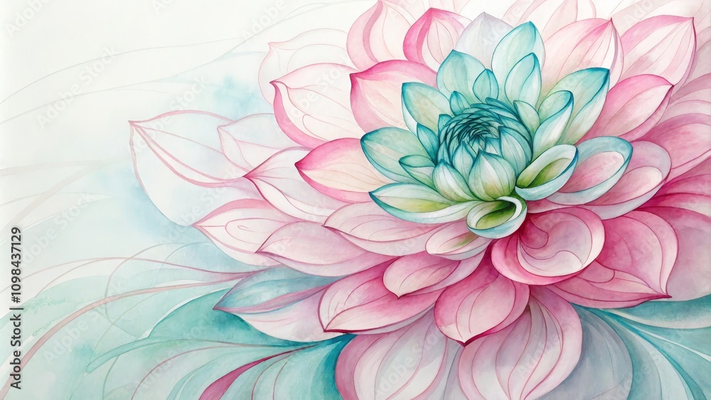 Obraz premium Watercolor Dahlia Pink, Teal, Abstract Floral Composition