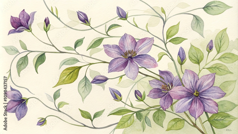 Fototapeta premium Watercolor Clematis Floral Branch Composition, Pale Beige Background